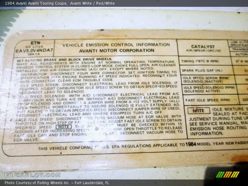 Info Tag of 1984 Avanti Touring Coupe
