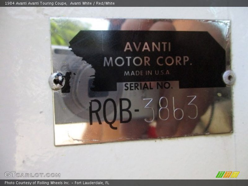 Info Tag of 1984 Avanti Touring Coupe