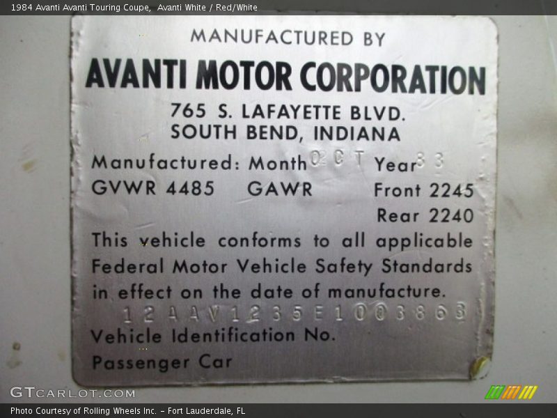 Info Tag of 1984 Avanti Touring Coupe