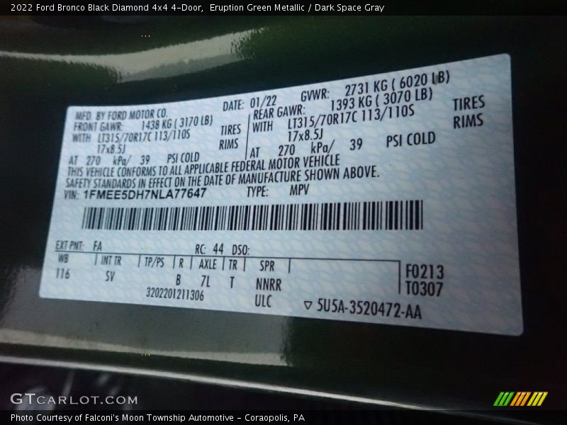 2022 Bronco Black Diamond 4x4 4-Door Eruption Green Metallic Color Code FA