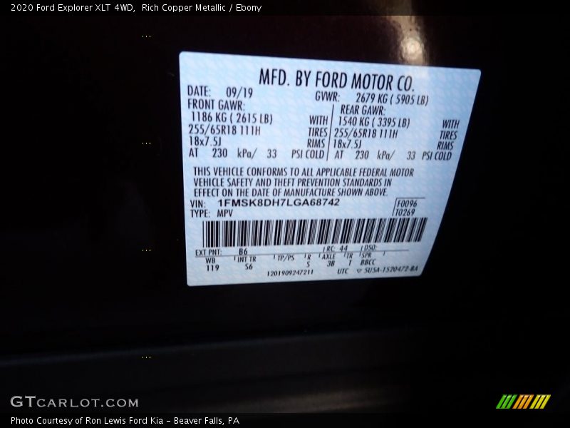 2020 Explorer XLT 4WD Rich Copper Metallic Color Code B6