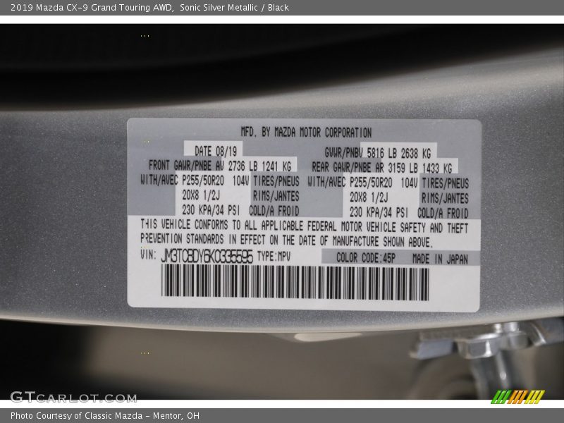 Sonic Silver Metallic / Black 2019 Mazda CX-9 Grand Touring AWD