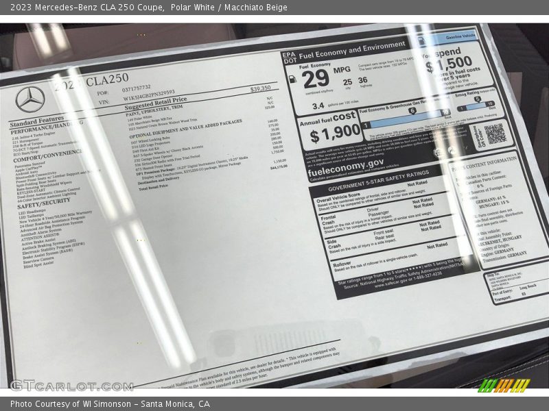  2023 CLA 250 Coupe Window Sticker