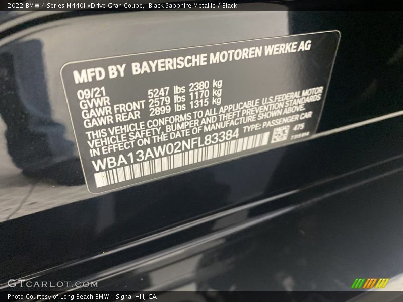 Black Sapphire Metallic / Black 2022 BMW 4 Series M440i xDrive Gran Coupe