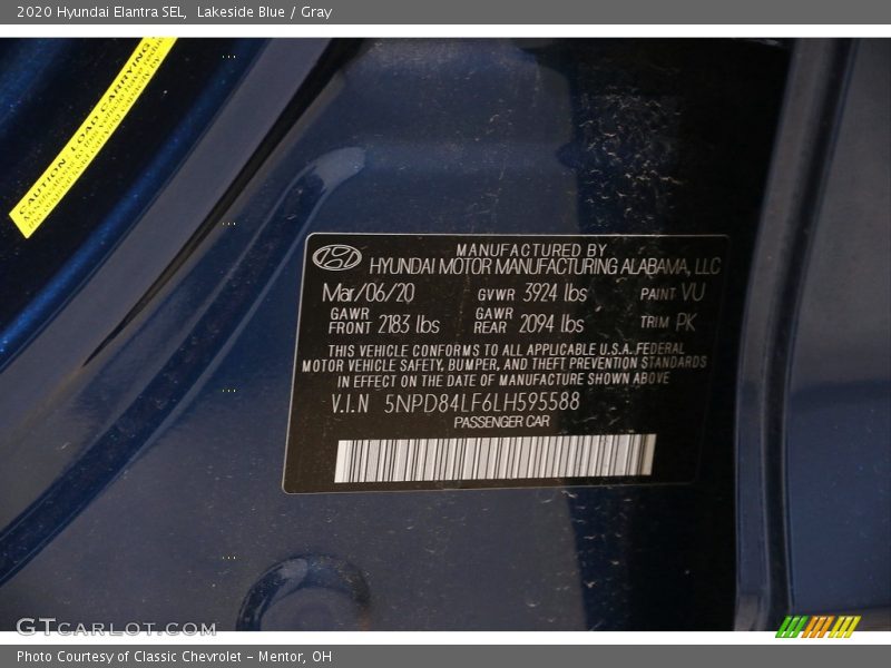 Lakeside Blue / Gray 2020 Hyundai Elantra SEL
