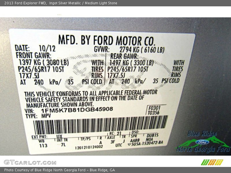 Ingot Silver Metallic / Medium Light Stone 2013 Ford Explorer FWD