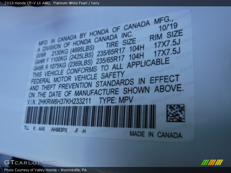Platinum White Pearl / Ivory 2019 Honda CR-V LX AWD