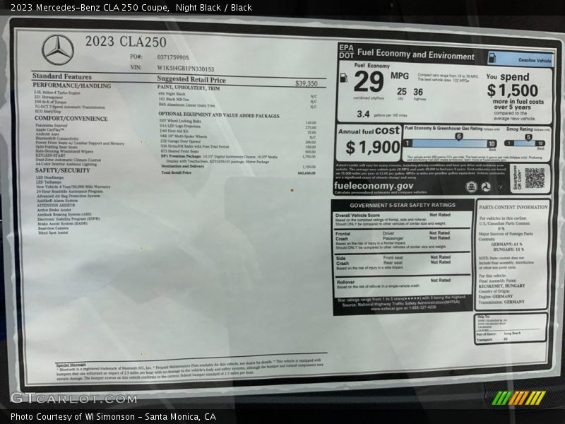  2023 CLA 250 Coupe Window Sticker