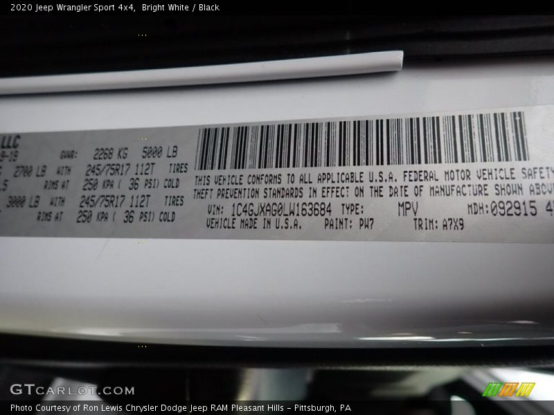 2020 Wrangler Sport 4x4 Bright White Color Code PW7
