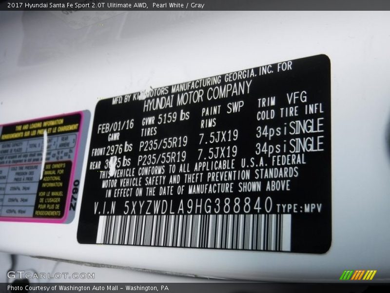 Pearl White / Gray 2017 Hyundai Santa Fe Sport 2.0T Ulitimate AWD