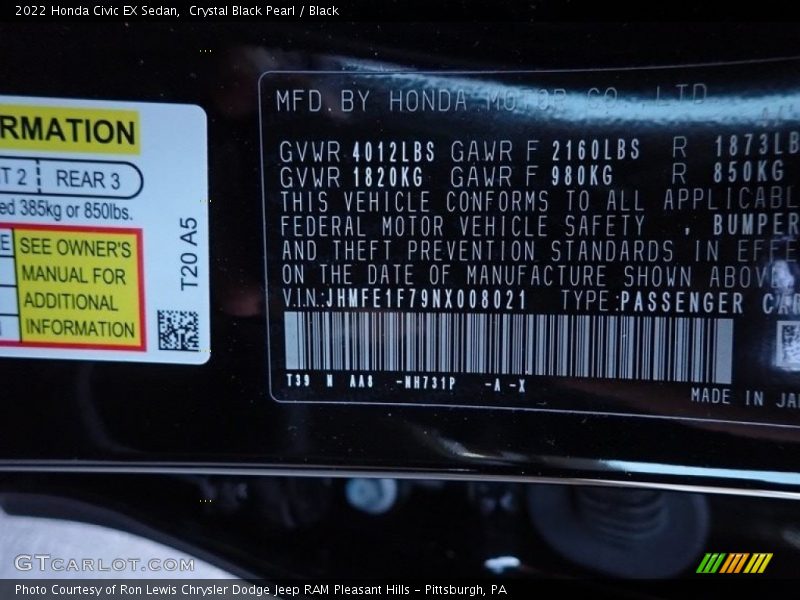 2022 Civic EX Sedan Crystal Black Pearl Color Code NH731P