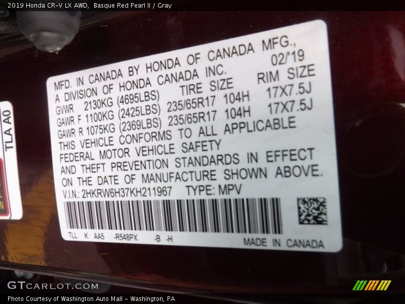 Basque Red Pearl II / Gray 2019 Honda CR-V LX AWD