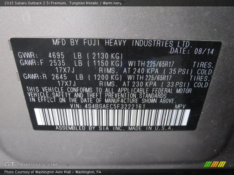 Tungsten Metallic / Warm Ivory 2015 Subaru Outback 2.5i Premium