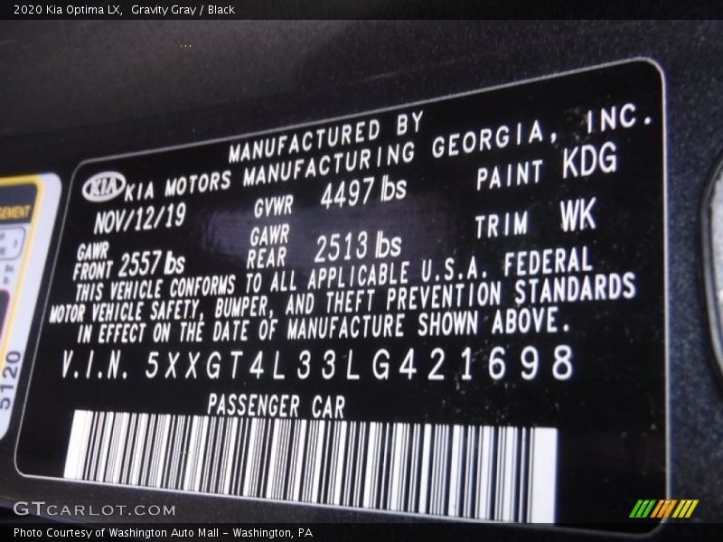Gravity Gray / Black 2020 Kia Optima LX