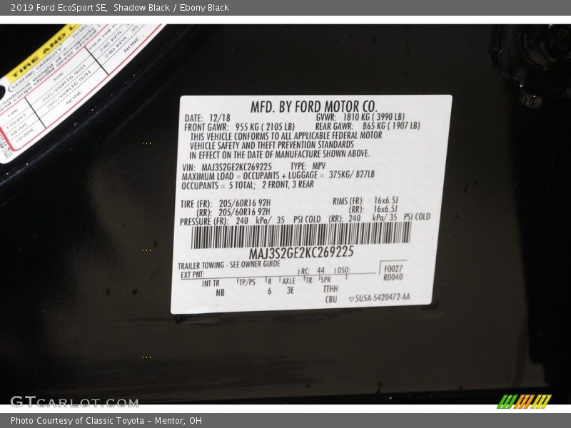 Shadow Black / Ebony Black 2019 Ford EcoSport SE