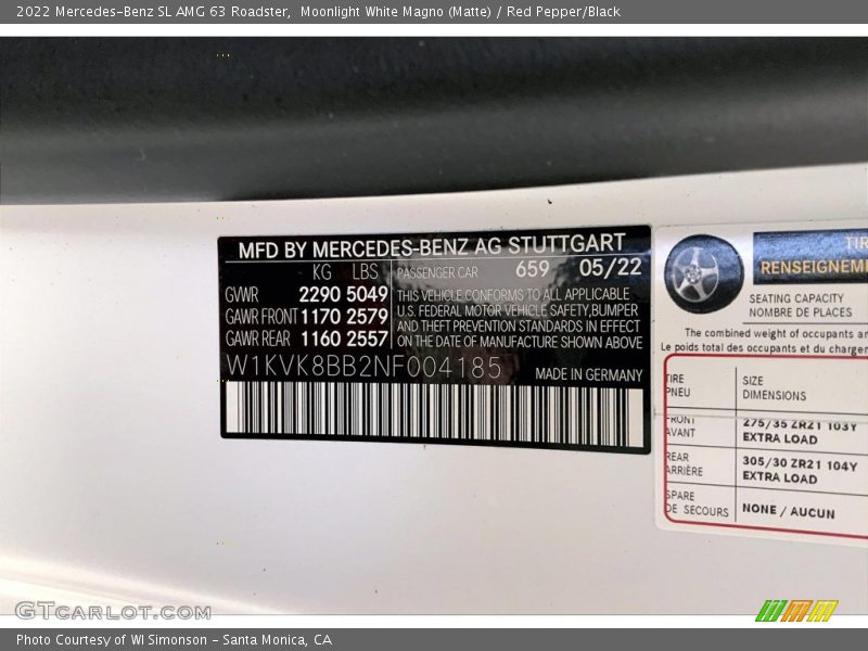 2022 SL AMG 63 Roadster Moonlight White Magno (Matte) Color Code 659