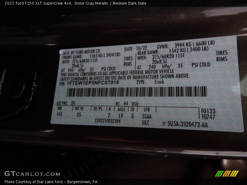 Stone Gray Metallic / Medium Dark Slate 2022 Ford F150 XLT SuperCrew 4x4