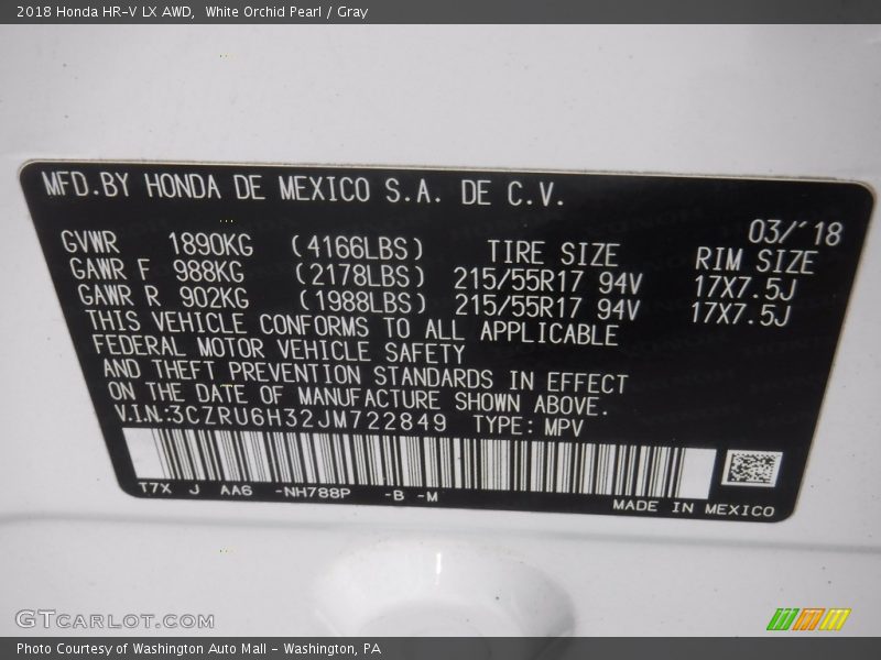 White Orchid Pearl / Gray 2018 Honda HR-V LX AWD