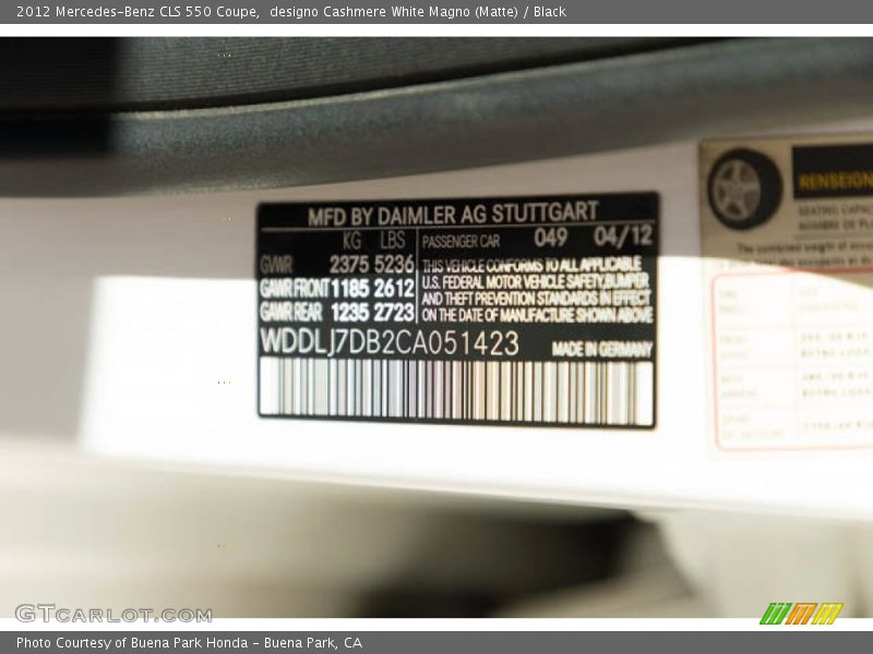 2012 CLS 550 Coupe designo Cashmere White Magno (Matte) Color Code 049