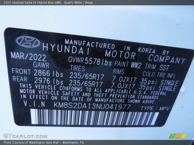 Quartz White / Beige 2022 Hyundai Santa Fe Hybrid Blue AWD