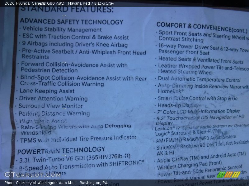  2020 Genesis G80 AWD Window Sticker