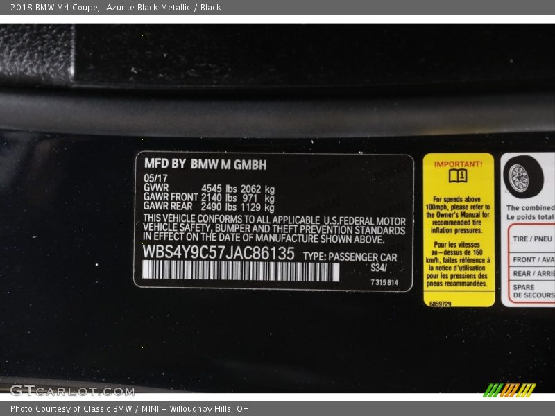 Azurite Black Metallic / Black 2018 BMW M4 Coupe