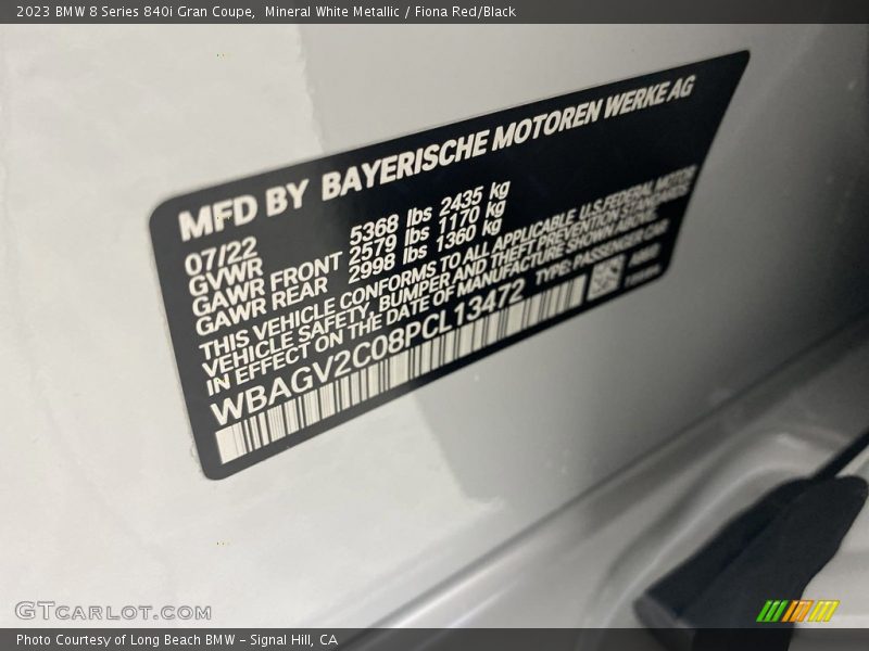 Mineral White Metallic / Fiona Red/Black 2023 BMW 8 Series 840i Gran Coupe