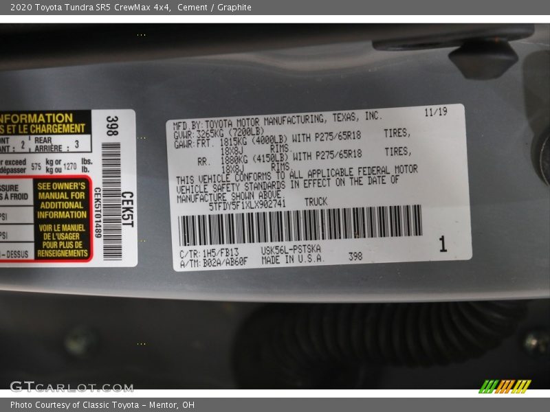 2020 Tundra SR5 CrewMax 4x4 Cement Color Code 1H5