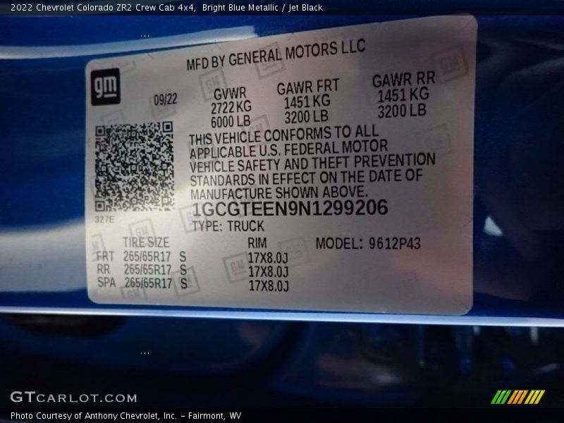 Bright Blue Metallic / Jet Black 2022 Chevrolet Colorado ZR2 Crew Cab 4x4