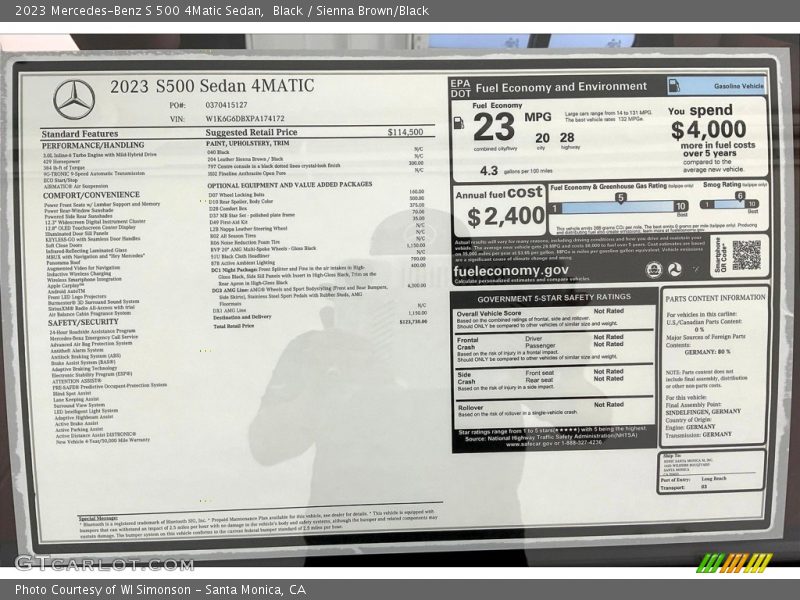  2023 S 500 4Matic Sedan Window Sticker