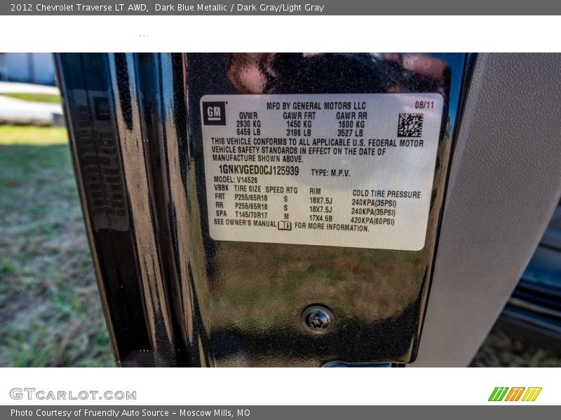 Dark Blue Metallic / Dark Gray/Light Gray 2012 Chevrolet Traverse LT AWD