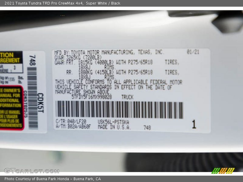 2021 Tundra TRD Pro CrewMax 4x4 Super White Color Code 040