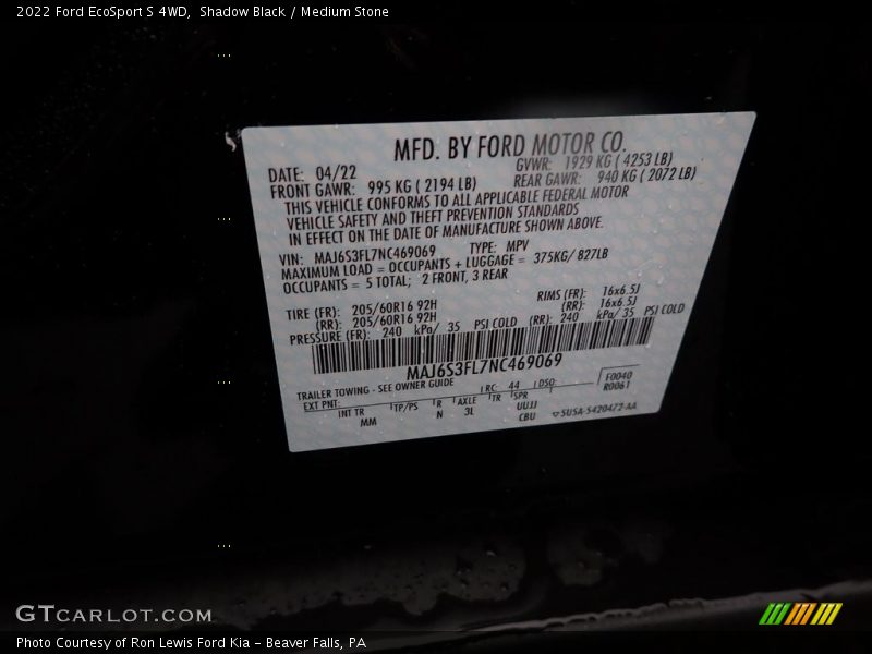 Shadow Black / Medium Stone 2022 Ford EcoSport S 4WD