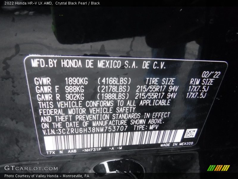 Crystal Black Pearl / Black 2022 Honda HR-V LX AWD