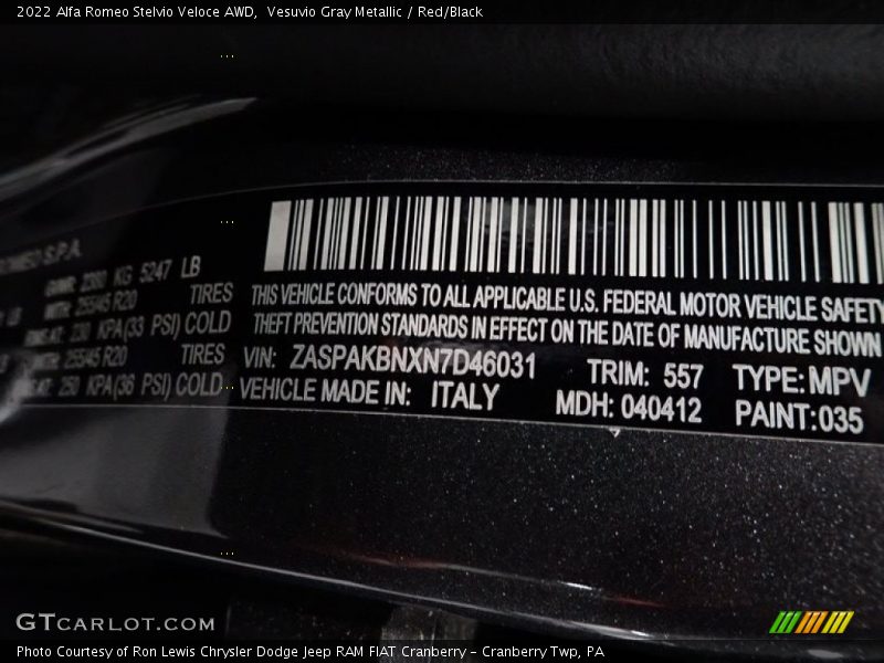 2022 Stelvio Veloce AWD Vesuvio Gray Metallic Color Code 035