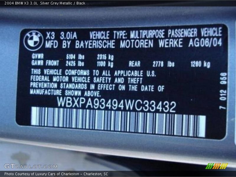 Silver Grey Metallic / Black 2004 BMW X3 3.0i