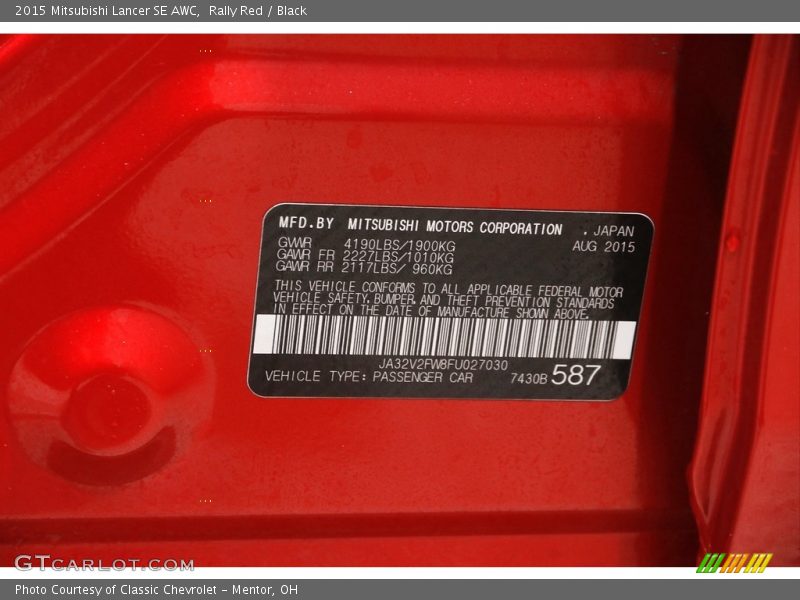 Rally Red / Black 2015 Mitsubishi Lancer SE AWC