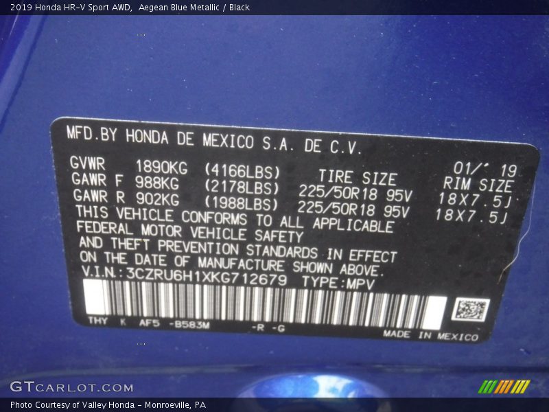 Aegean Blue Metallic / Black 2019 Honda HR-V Sport AWD