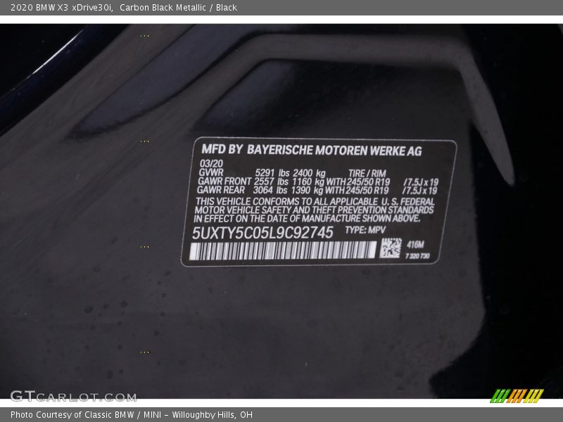 2020 X3 xDrive30i Carbon Black Metallic Color Code 416