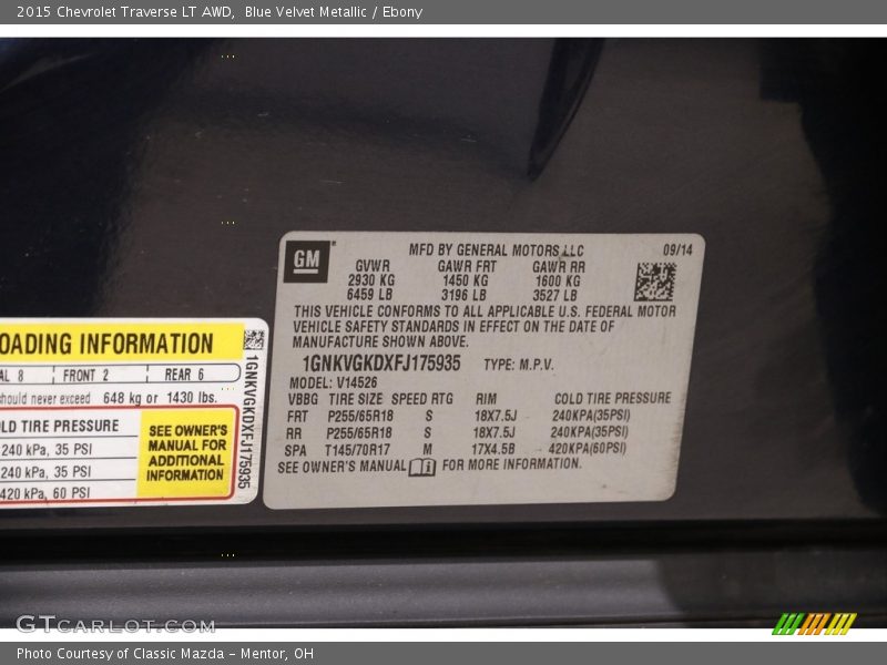 Blue Velvet Metallic / Ebony 2015 Chevrolet Traverse LT AWD