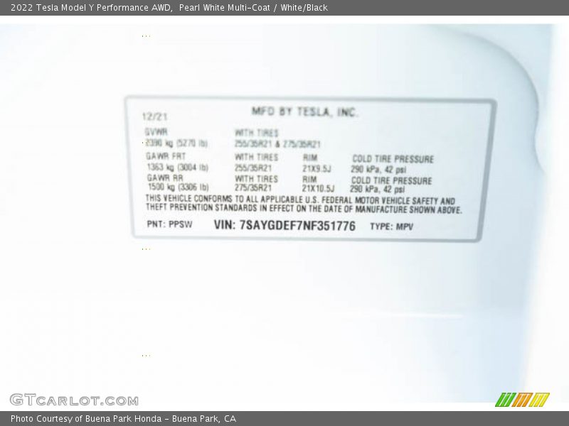 Pearl White Multi-Coat / White/Black 2022 Tesla Model Y Performance AWD