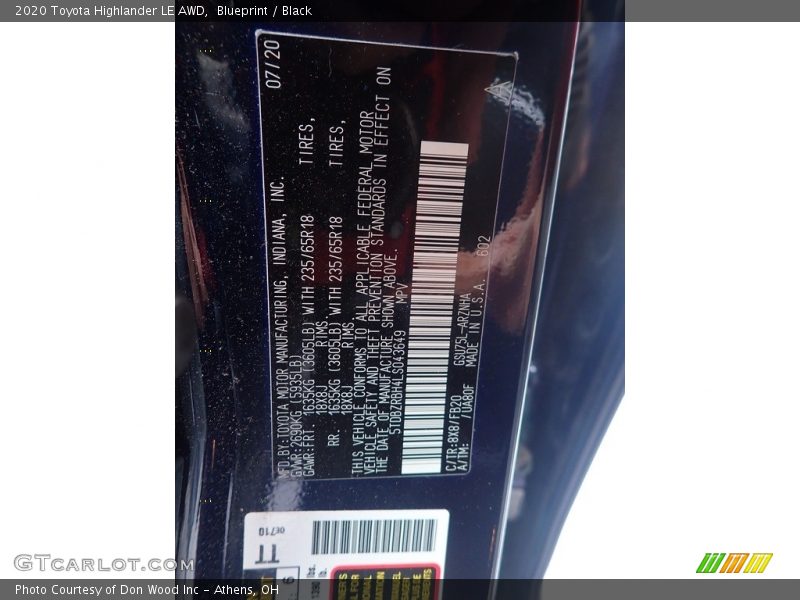 Blueprint / Black 2020 Toyota Highlander LE AWD