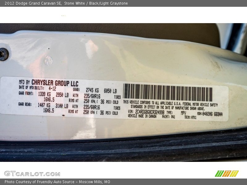 Stone White / Black/Light Graystone 2012 Dodge Grand Caravan SE