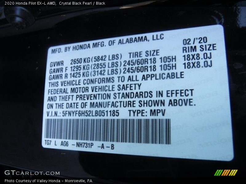 Crystal Black Pearl / Black 2020 Honda Pilot EX-L AWD