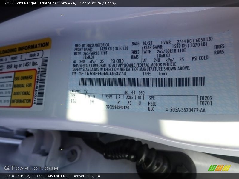 Oxford White / Ebony 2022 Ford Ranger Lariat SuperCrew 4x4