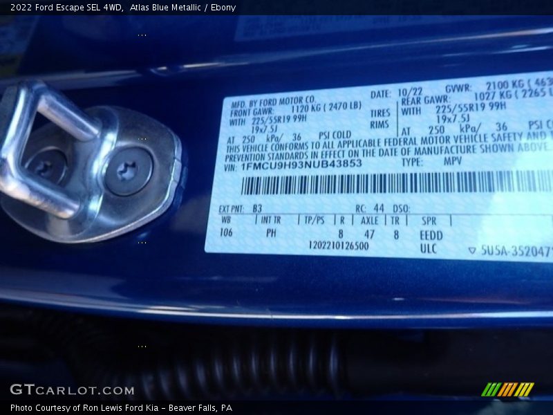 Atlas Blue Metallic / Ebony 2022 Ford Escape SEL 4WD