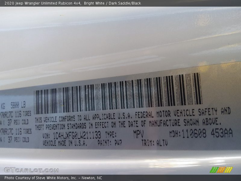 2020 Wrangler Unlimited Rubicon 4x4 Bright White Color Code PW7