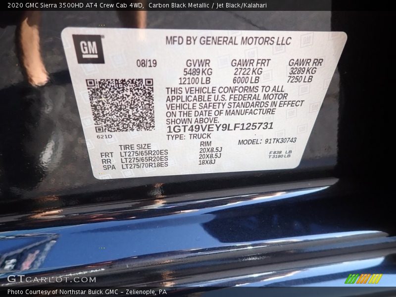 Carbon Black Metallic / Jet Black/Kalahari 2020 GMC Sierra 3500HD AT4 Crew Cab 4WD