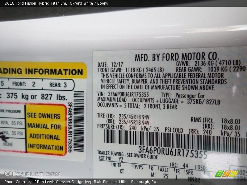 2018 Fusion Hybrid Titanium Oxford White Color Code YZ