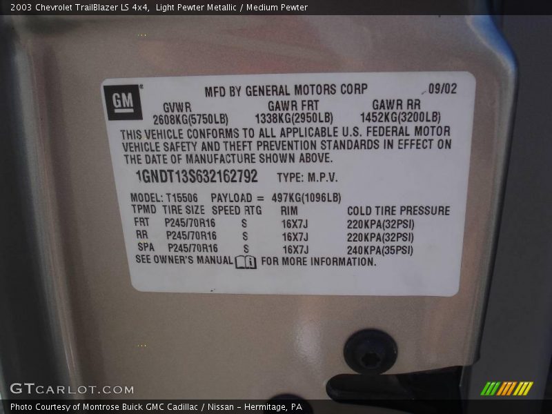 Light Pewter Metallic / Medium Pewter 2003 Chevrolet TrailBlazer LS 4x4